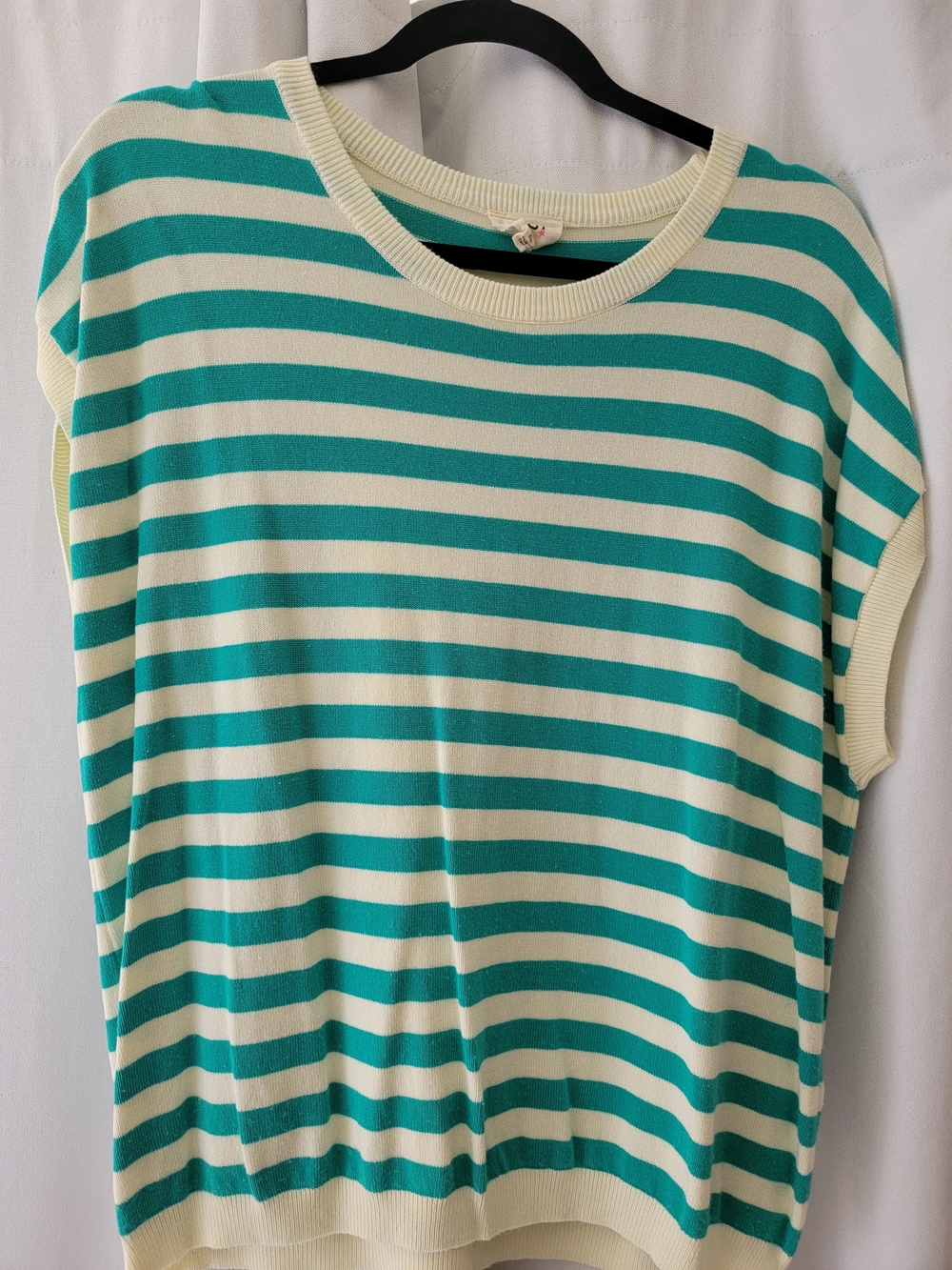 BiBi Teal and Cream Striped Short-Sleeve Knit Top